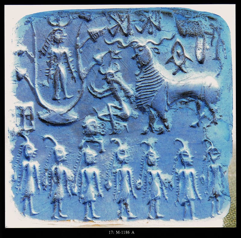 Mohenjo-daro seal - ritual ceremony - sacred fig tree - deity with horn headress